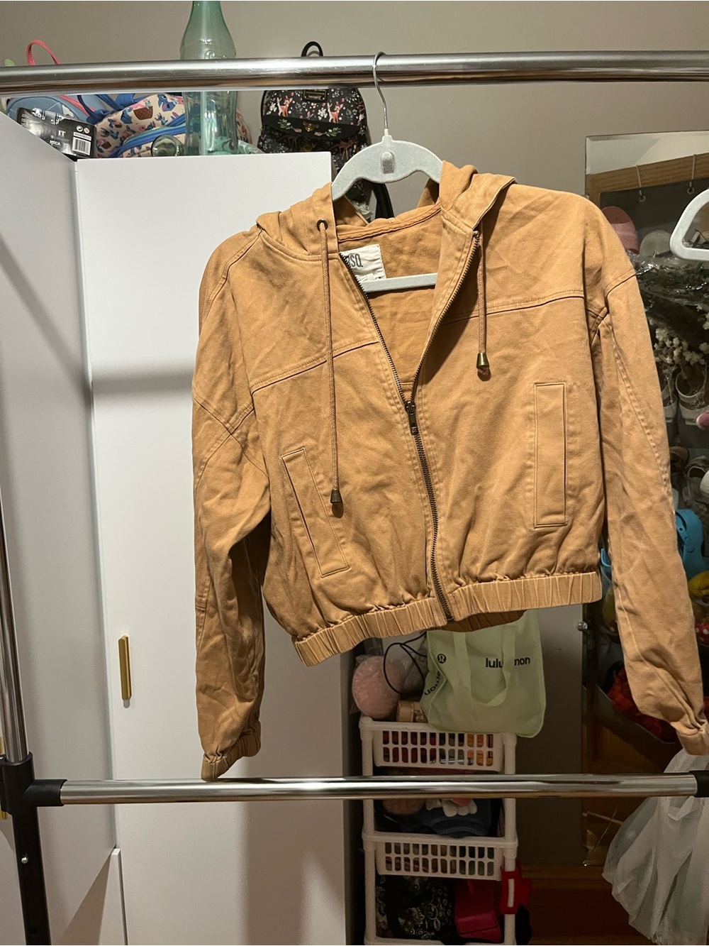 RSQ Cropped Hooded Bomber Jacket in Tan